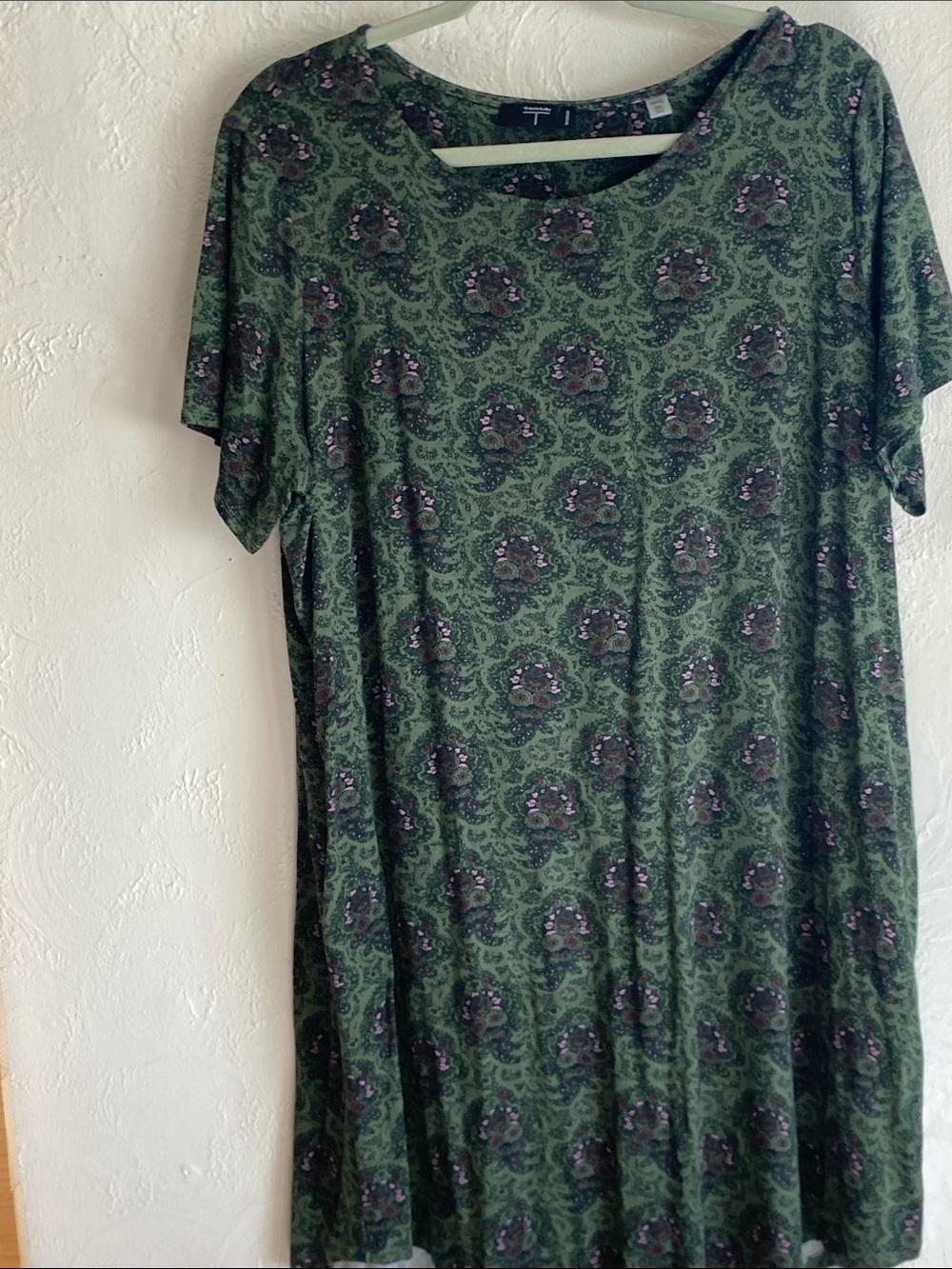 Tahari Olive Green Paisley Midi Dress with Purple Accents
